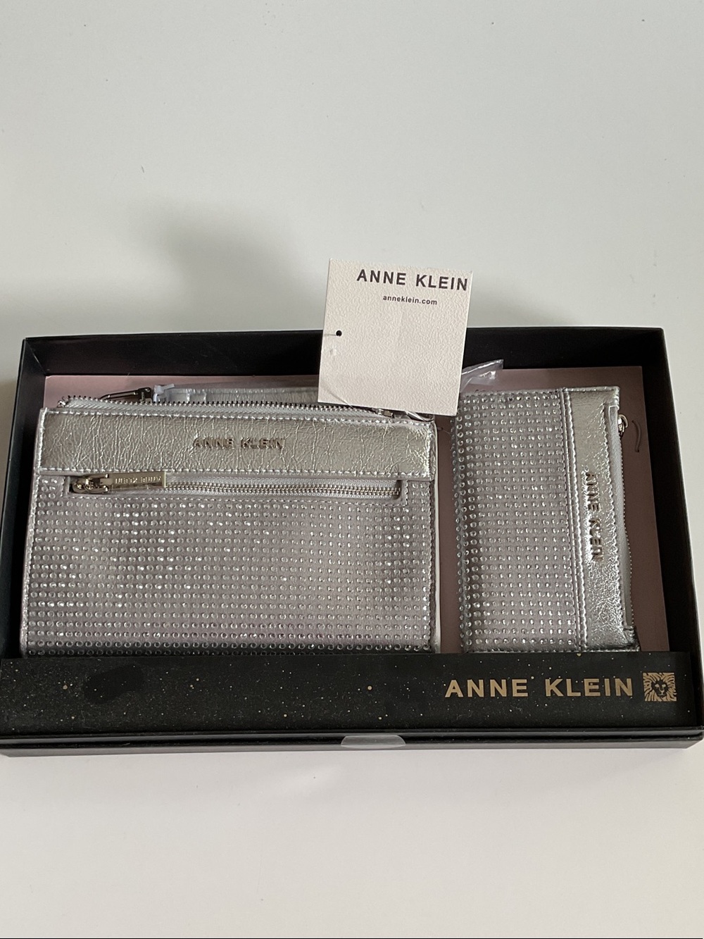 Anne Klein Silver Crystal-Studded Wristlet with Card Case